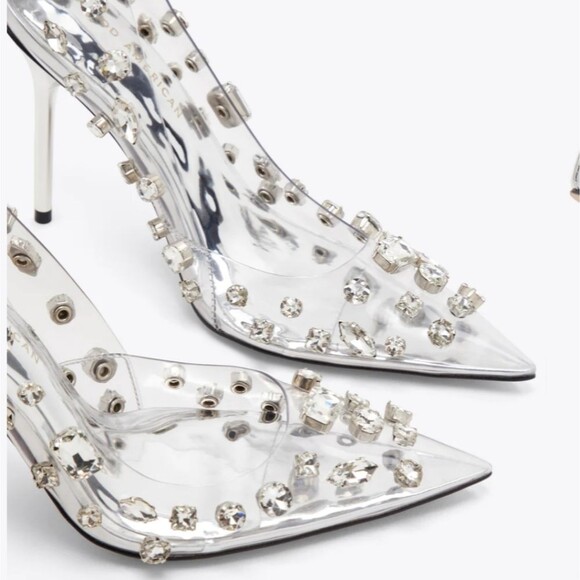 Good American Jeweled Emma Gem Pointy Toe Translucent Stiletto Heels Pumps - Picture 3 of 16